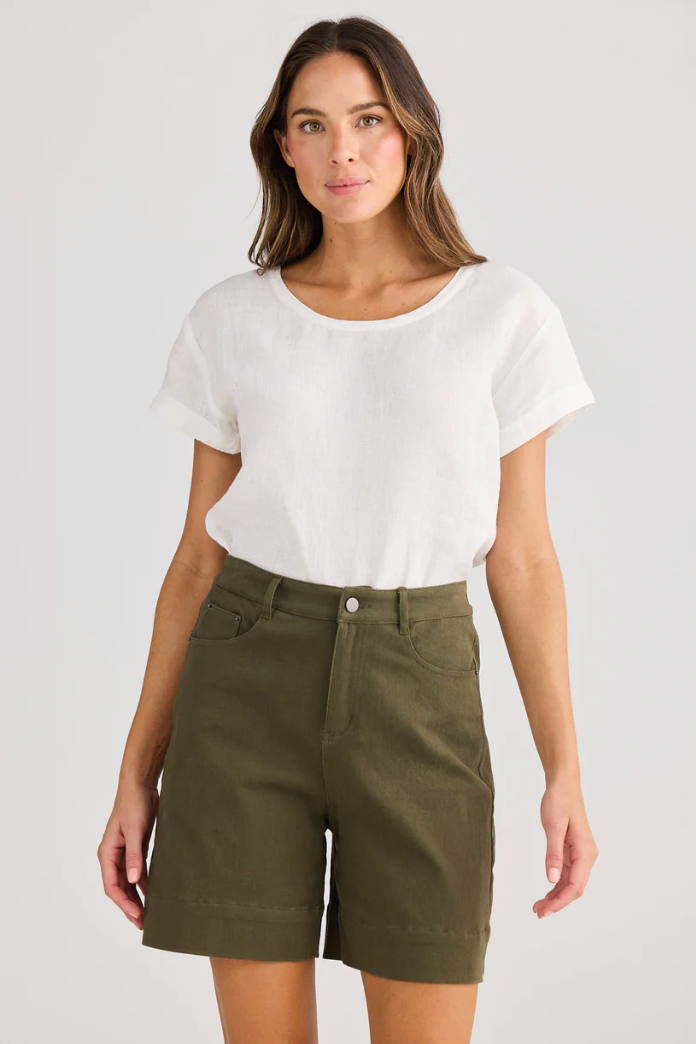 Vacation Short - Khaki, by Holiday
Sits on natural waist

Standard zip fly

Classic 5 pocket design

Mid-thigh cut

Comfort stretch denim fabrication