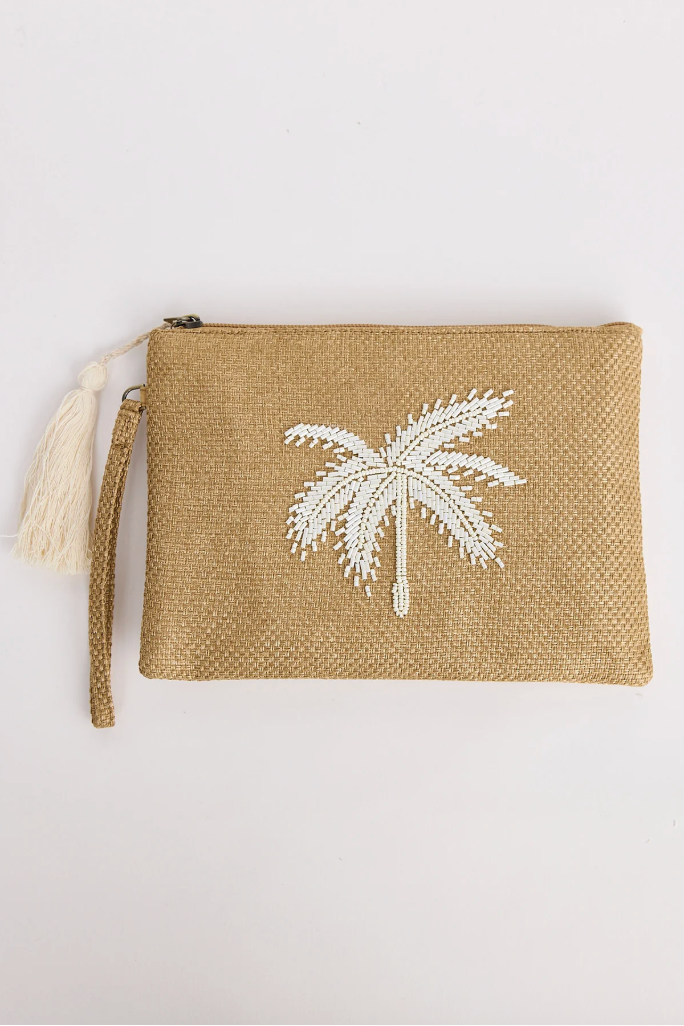 Disco Palm Clutch - Natural, by Holiday
Classic rectangular shaped evening clutch
Fully lined
Lovingly handmade in India
Tassel feature