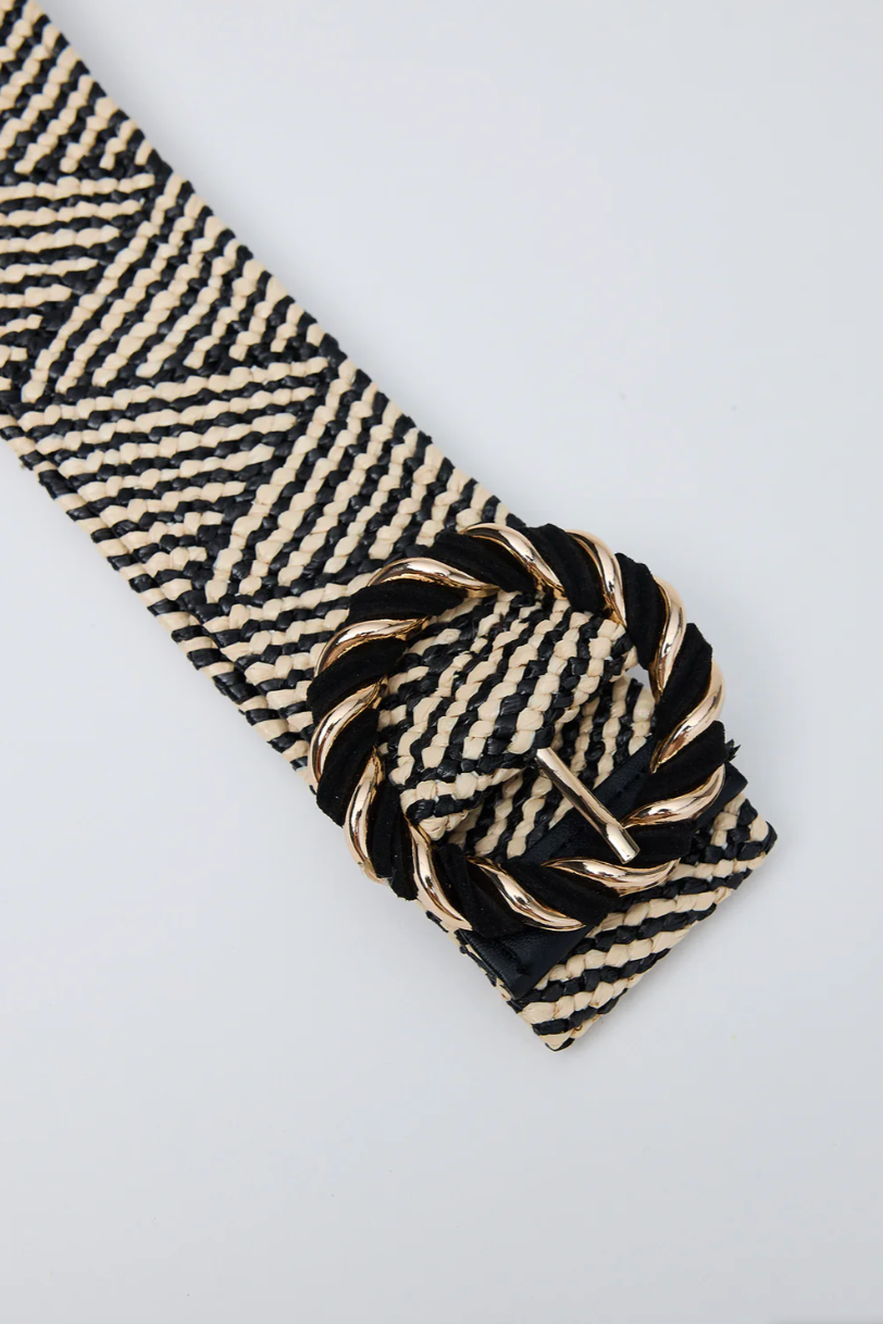 Bella Belt - Black Stripe, by Holiday Life

• Beautiful round swirl buckle design
• Stretchy band
• One size
• Designed to be a waist/dress belt

Polyester + Cotton