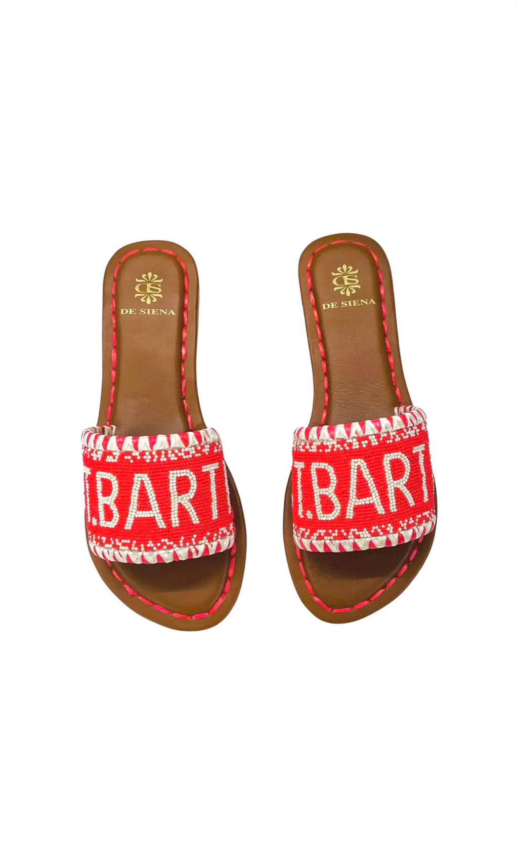 St Barths Beaded Dégradé Resort Slides - Red, by De Siena

Welcome to St Barths You'll catch us wearing these flat sandals during our vacation in St Barths, heading to the beach for a sunset party. Hand crafted with dozens of little beads and embroidered sole, these flats in red are the best companions for a fun night out.