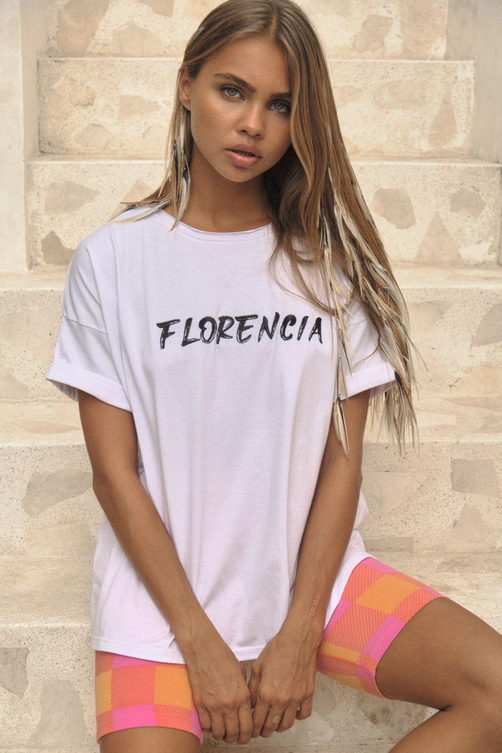 Florencia Embroidered Signature Tee - White  Your staple white boyfriend tee to thrash this season.  Pair with just about anything, but a fab duo paired with our Greer Bike Pants seen here.