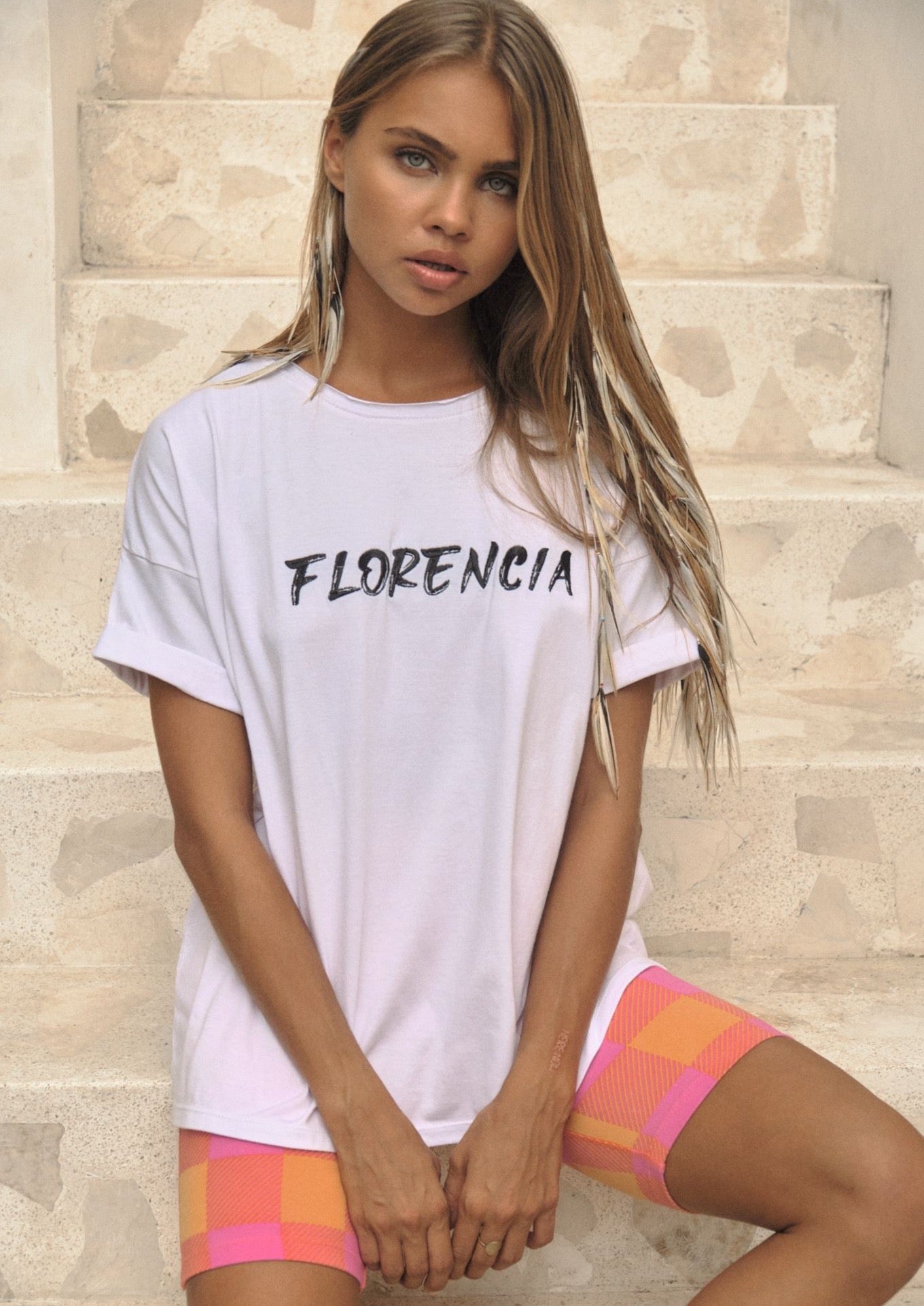 Florencia Embroidered Signature Tee - White  Your staple white boyfriend tee to thrash this season.  Pair with just about anything, but a fab duo paired with our Greer Bike Pants seen here.
