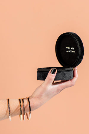 Luxe Velvet Bangle Case - Be Bangles Want to add a little something extra?  This gorgeous velvet case is the perfect place to store your bangles and a wonderful gift for a BE bangle lover! Soft velvet inside and out this case securely zips closed making it perfect for travelling. Fits all-sized bangles up to XXL.  10cm Diameter x 5cm Height