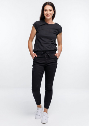 Weekender Jean - Jet Black, by Home-Lee  Your favourite jeans are now available in Jet Black!   Home-lee jeans are well known for being a great pair of jeans that you can either dress up, or dress down - as well as being super comfortable with an elastic waist and a drawstring to adjust the waist sizing if you need.  These are a skinny leg jean which can be worn high waisted, or can be worn 'drop crotch' style when wearing them on your hips. The cotton/elastane fabric means they are nice and soft to wear. T