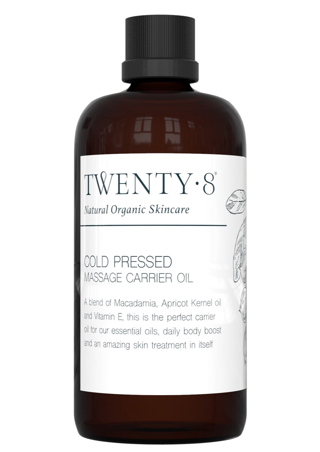 Cold Pressed Massage Carrier Oil, by Twenty8  A cold pressed blend of Macadamia, Apricot Kernel oil and Vitamin E, this is the perfect carrier oil an amazing skin treatment in itself.  It is the perfect base to add your essential oil synergy blends to for your daily mind and skin boost.
