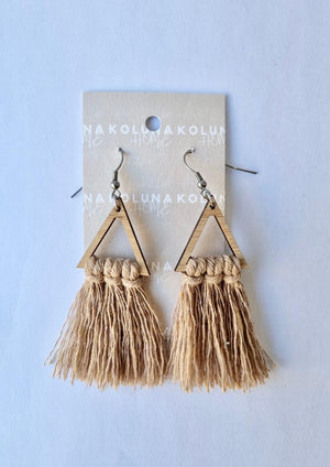 Triangle Bamboo Earrings - Light Brown. The Earrings that go with everything! And look gorgeous with our matching Macrame clutch/cross body bags. Details and materials: Triangle shape lightweight bamboo frame Rope is 100% Recycled Cotton Hooks are surgical steel Handmade in NZ