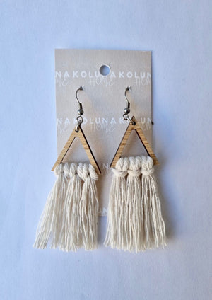 Triangle Bamboo Earrings - Natural The Earrings that go with everything! And look gorgeous with our matching Macrame clutch/cross body bags. Details and materials: Triangle shape lightweight bamboo frame Rope is 100% Recycled Cotton Hooks are surgical steel Handmade in NZ