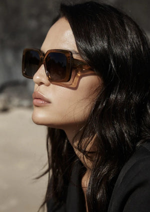 Lola - Crystal Toffee/Brown Gradient Polarised Details:  An oversized square frame takes on a geometric look with our 70's inspired Lola sunglasses. Crafted from glossy black acetate, the Lola provides a statement look for everyday.   Lens: 53  Bridge: 14  Arm: 145