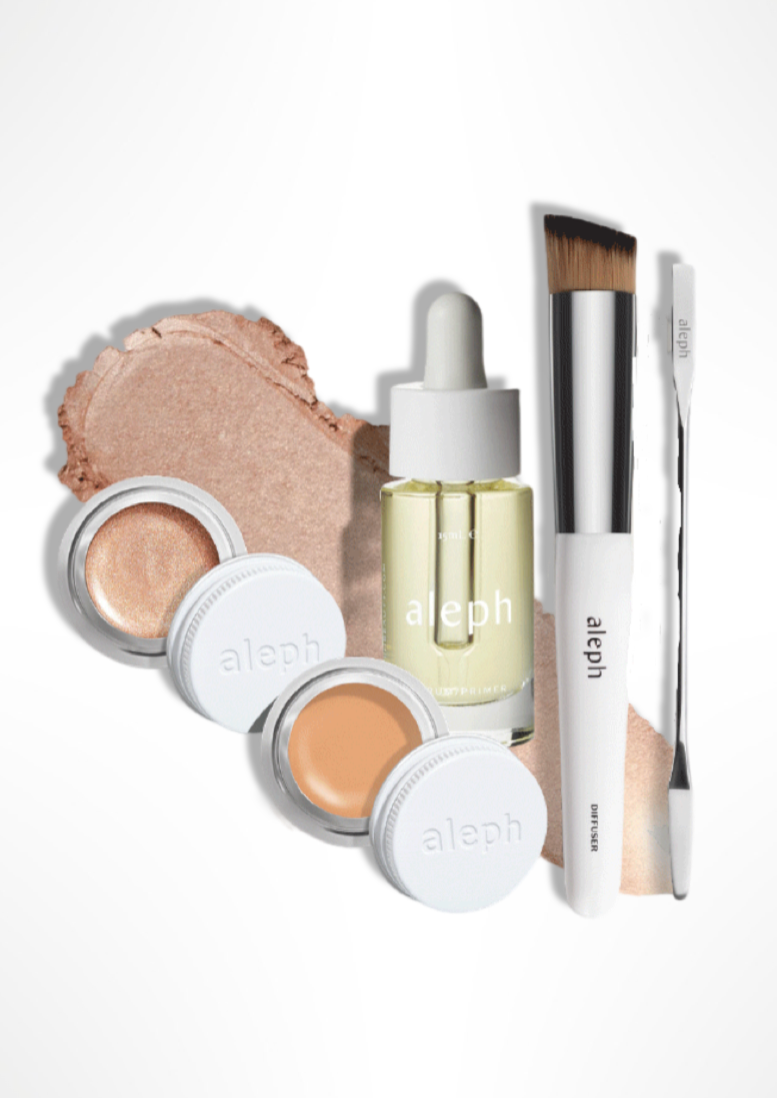 Essentials Starter Kit, by Aleph *Please contact us if you can't see the shade of your choice, as we will be able to make up in store*  Our most loved complexion perfecting products to get you started on your clean and conscious beauty journey. Special offer saves over 23% ($68) for a limited time.  Includes:  1 x Serum/Primer   1 xRadiance Moon  1 x Diffuser Brush  1 x Mixing Tool   1 x Concealer/Foundation Shade of your choice