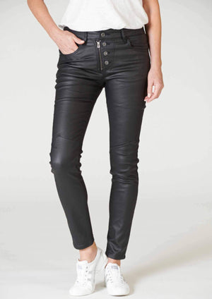 Stevie Jean - Coated Black, by Italian Star  In the button style you know and love from Italian Star these Stevie Jeans are a coated pair with a sheen to them. So comfy yet smart for dressing up or down. A must for everyday wearing.   Fly and zip front Pockets Coated texture