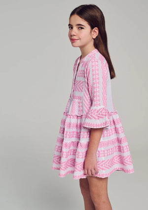 Devotion Kids Ella Mini Dress - N.Pink-N.B.Blue/White  Like mother, like daughter. This bohemian-inspired smock-style dress is crafted in cotton with Neon Pink colored embroidery. A stunning sundress for stylish daughters.  Details:  A-line Tunic v-neckline with snap button Flared sleeve ends with flounce trim Tiered skirt with ruffle trim Unlined finish