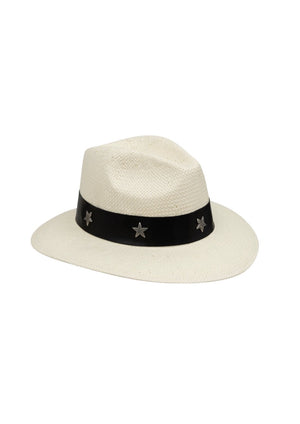 Devotion Twins Stars Hat -  White with Leather/Ornamentals  A timeless boho classic that you'll enjoy year after year.  Pair with:  Havanna shirt dress  Gaia belt - black/silver  Boho style dresses and sandals or boots  Details:  White cowboy style  Woven paper straw - light and breathable  Black leather band  Steel star ornamentals  Boho style  Materials:  100% paper straw   Leather  Steel medallions  Sizing:  2 sizes available