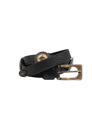 Devotion Twins Gaia Leather Belt - Black/Gold  Devotion Twins Black Leather Belt with Brass Medallions is sure to accentuate any outfit.  NOTE - 3rd image is for styling purposes. It is a slightly different Gaia belt.  Details:  Loop and buckle closure  Tonal stitching  Black leather  Brass Medallions