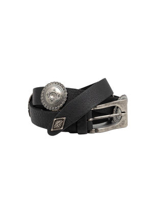 Devotion Twins Gaia Leather Belt - Black  Devotion Twins Black Leather Belt with Silver Medallions is sure to accentuate any outfit.  Details:  Loop and buckle closure  Tonal stitching  Black leather