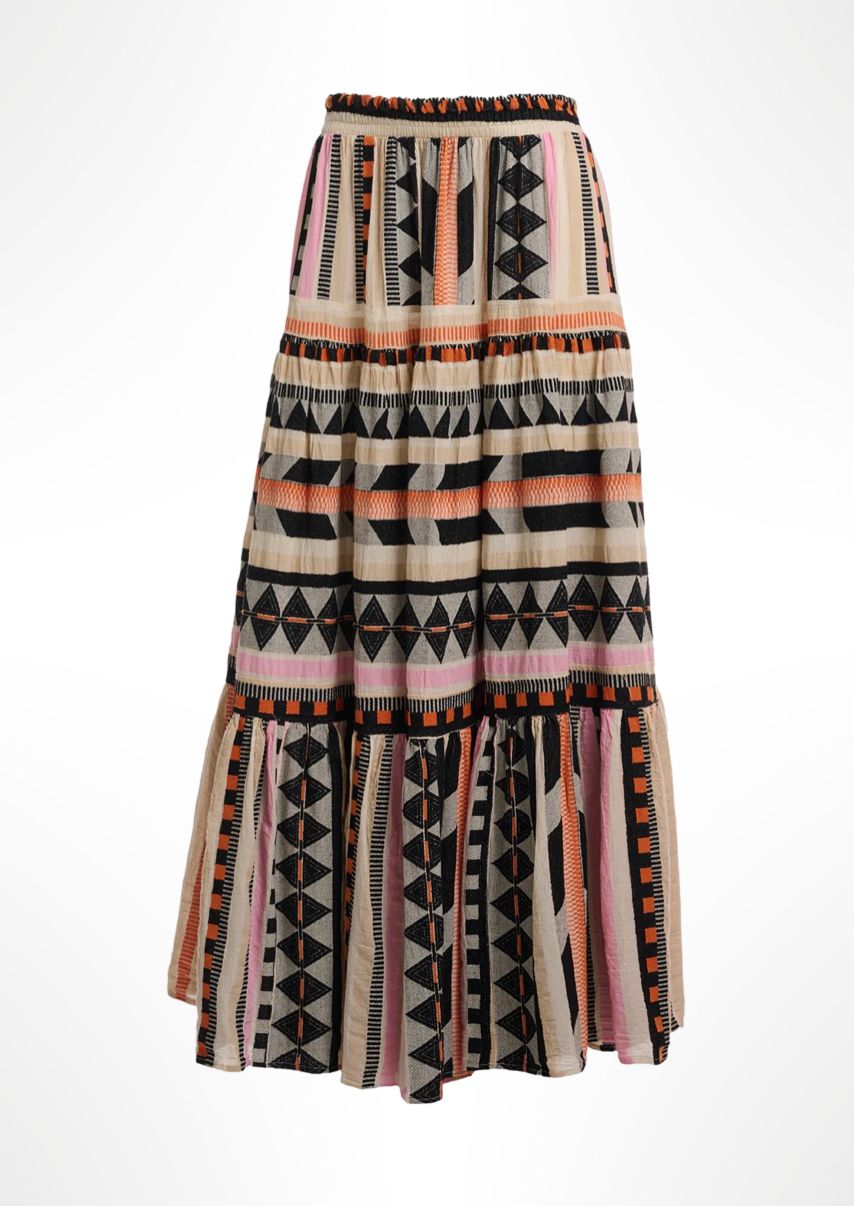 Devotion Psarou Skirt - Black/Orange  Details:  Wide skirt Midi length Elastic waistband Flowing tiered skirt silhouette Ethno design Pure cotton 