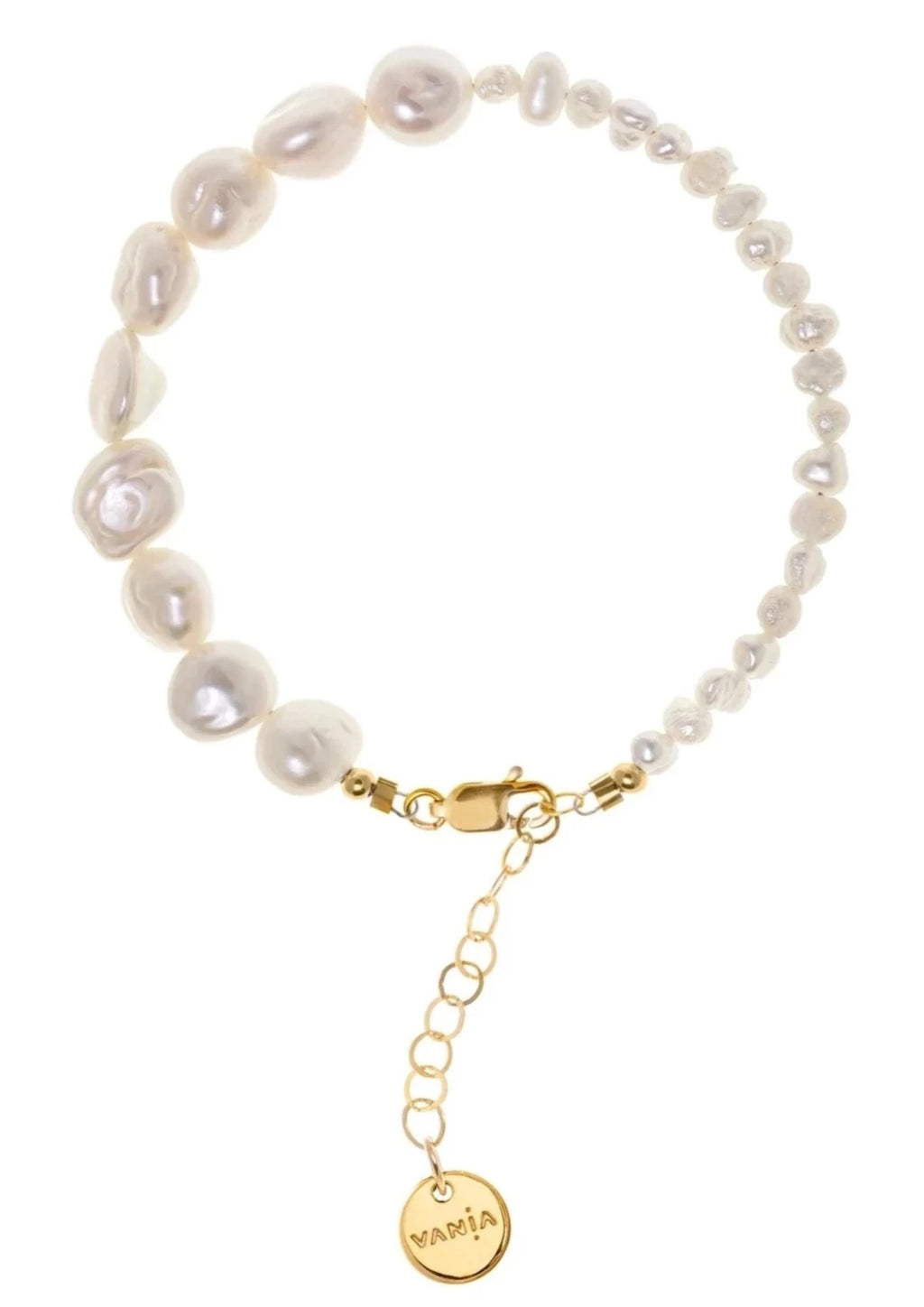 Margarita Paraiso Bracelet - By Vania  Inspired by the crystal clear waters of Playa Paraiso in Margarita Island, Venezuela.  This necklace offers you the best of both worlds featuring half large & half small Baroque Freshwater pearls. The Paraiso bracelet measures 17.5 long. And, it is finished with a 14ct Gold-filled + 3cm extension chain.
