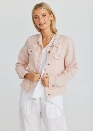 Monza Jacket - Peony, by Shanty Where would you be without Monza? The best-selling Shanty jacket is back in a fresh Spring colour palette and is destined to cap off your casual look! Crafted from luxe washed linen and featuring a classic collar, raw-edge details, and timber button-down front. Perfectly timeless, you'll be wanting it in more colours than one!