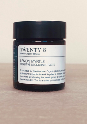 Lemon Myrtle Deodorant Paste, by Twenty8 Formulated for sensitive skin. Organic plant oils, antiseptic and antibacterial ingredients work together to neutralise odours all day whilst still allowing the sweat glands to function and detox as nature intended. This is a unisex product ideal for the whole family