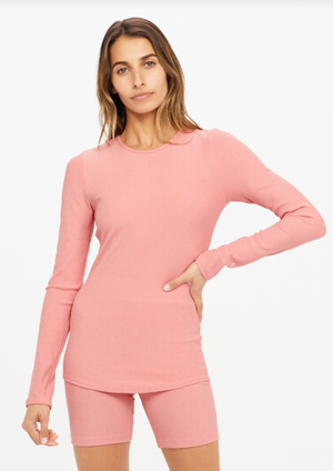 Bisou Giselle Top - Flamingo Pink, by The Upside  Flirt with flamingo pink in our Bisou Giselle Top..  - Crew neck long sleeve top in Flamingo Pink  - Contrast embroidered arrow logo at sleeve hem  - Slim fit  - Stretchy super soft rib for form-fitting comfort