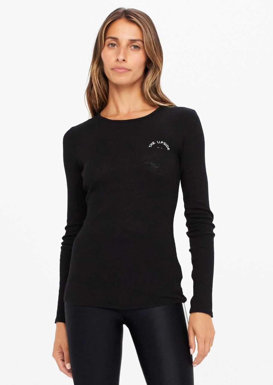 Rib Chrissy Long Sleeve - Black, by The Upside For a layer you will love, try our Rib Chrissy Long Sleeve Top...  Long sleeve top in sleek black. Slim fitting, ribbed knit. 100% pure cotton rib for everyday luxe.
