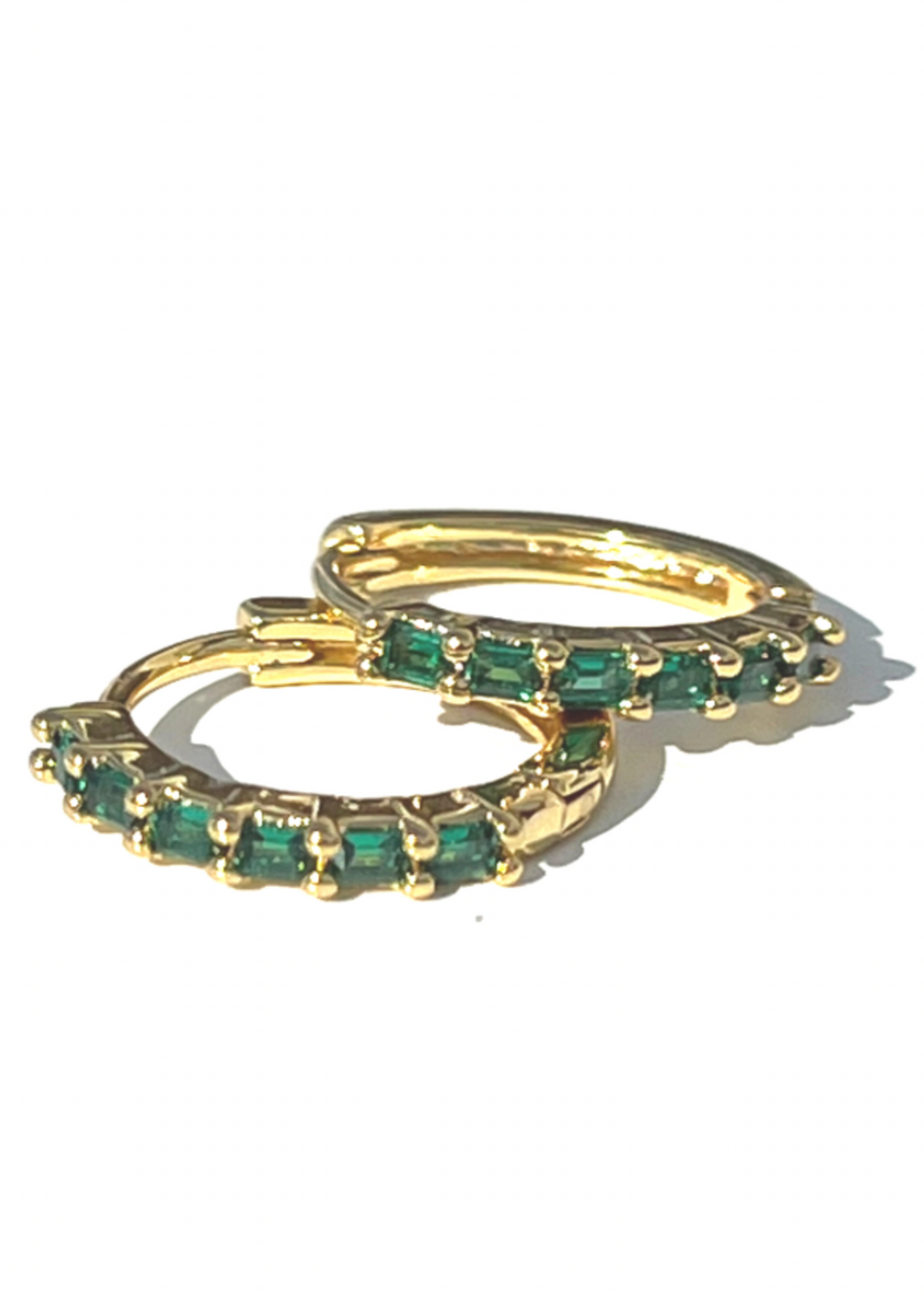 Emerald Baguette Sleepers - Gold, by Lindi Kingi x Kelly Our stunning Gold Baguette Sleepers with Emerald coloured Zirconia are super classic and easy to wear everyday. 
