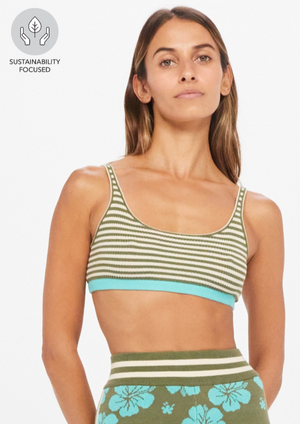 Aloha Rory Knit Bra - Pine, by The Upside Be easy, breezy, beautiful in our Aloha Knit Bra..  Organic cotton blend knitted stripe bra Straight back straps and a scooped square neck Cool colours of pine green, natural and agave