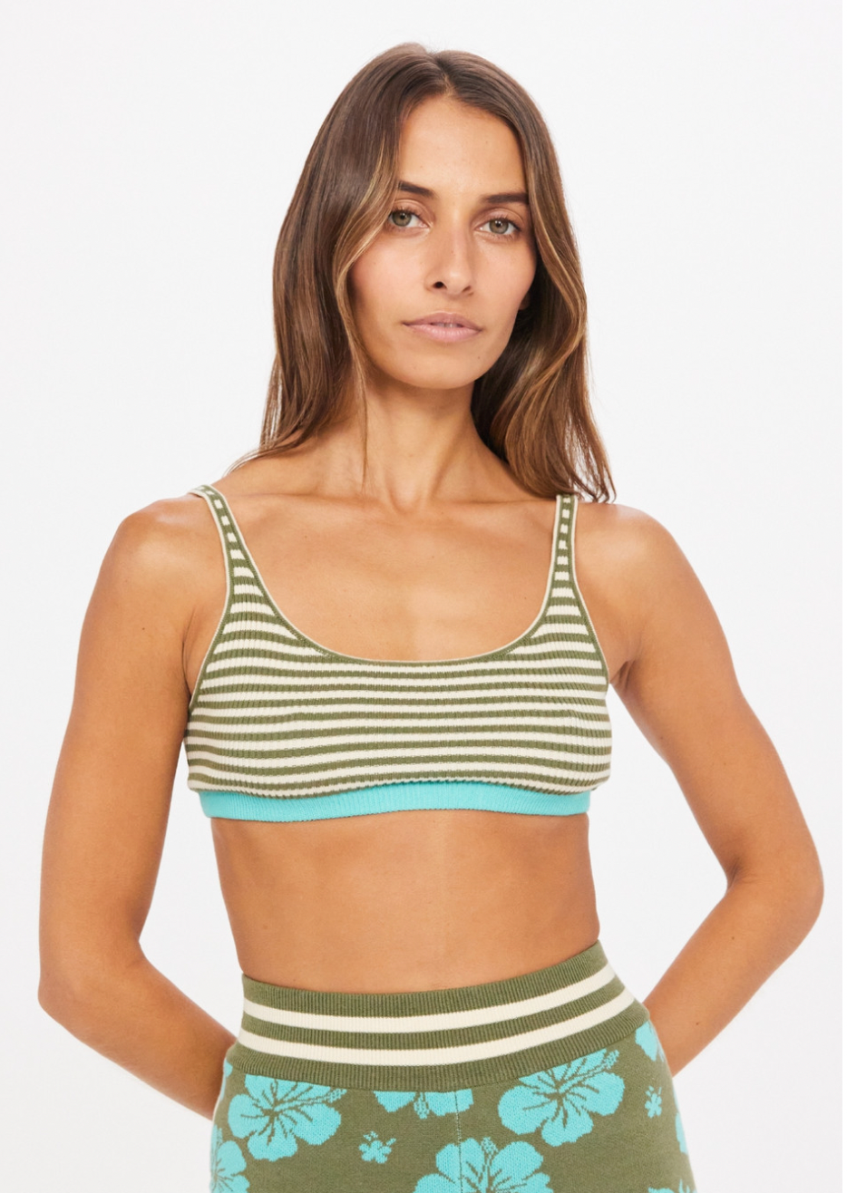 Aloha Rory Knit Bra - Pine, by The Upside Be easy, breezy, beautiful in our Aloha Knit Bra..  Organic cotton blend knitted stripe bra Straight back straps and a scooped square neck Cool colours of pine green, natural and agave
