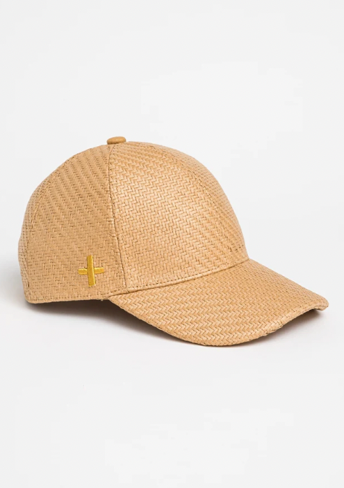 Cayman Cap - Natural, by Stella and Gemma Natural coloured woven adjustable cap with shaped peak, featuring Gold Stella Gemma logo.