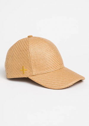 Cayman Cap - Natural, by Stella and Gemma Natural coloured woven adjustable cap with shaped peak, featuring Gold Stella Gemma logo.