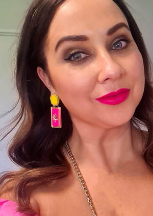 Moxie, by Lover Lover Moxie - An elegant two piece earring, with statement colour pops, and etched mirror detailing.   A beautiful way to accessorize any outfit. Fabulous for both day and night wear.  