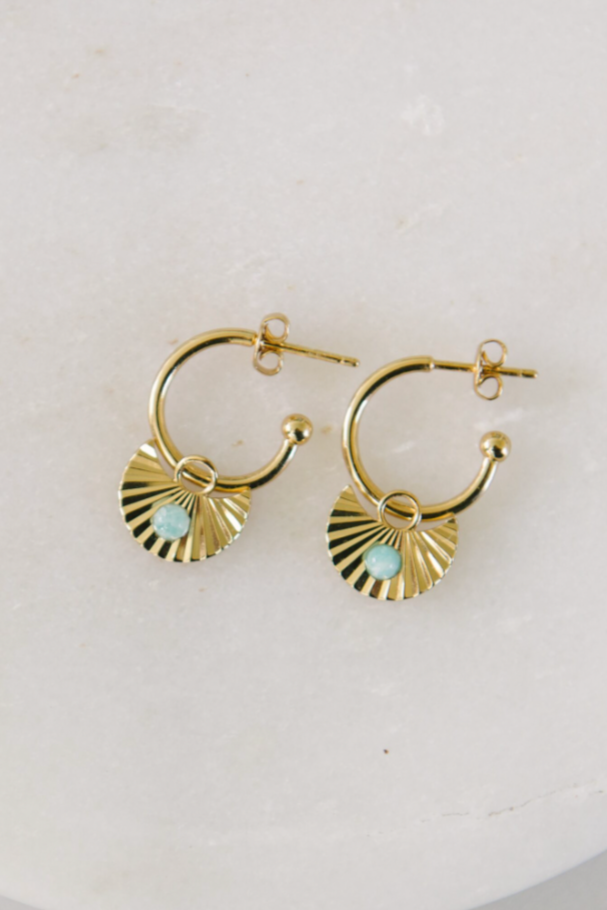 Moon Gazer Hoops in Gold | Love Lunamei  For the Moon Gazers  Our Love Lunamei wild hearted woman seeks guidance from the moon... It's feminine energy connects her more deeply to her intuition and helps when setting new intentions. Our Gold Moon Beam collection features the Green Amazonite gemstone for truth, honour and integrity.