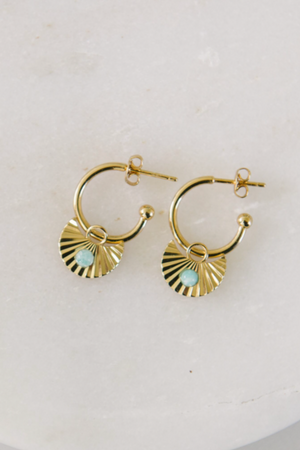 Moon Gazer Hoops in Gold | Love Lunamei  For the Moon Gazers  Our Love Lunamei wild hearted woman seeks guidance from the moon... It's feminine energy connects her more deeply to her intuition and helps when setting new intentions. Our Gold Moon Beam collection features the Green Amazonite gemstone for truth, honour and integrity.