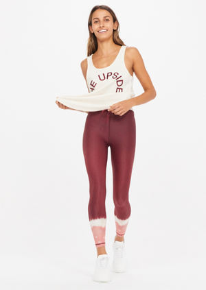Keiki Midi Pant - Wine, by The Upside Get zen in our Keiki Midi Pant..  7/8 length leg printed in our shibori inspired dip dye Our Recycled Super Soft fabric Breathable, quick drying and moisture wicking Contrast drawcord through waist Contrast arrow logo at back