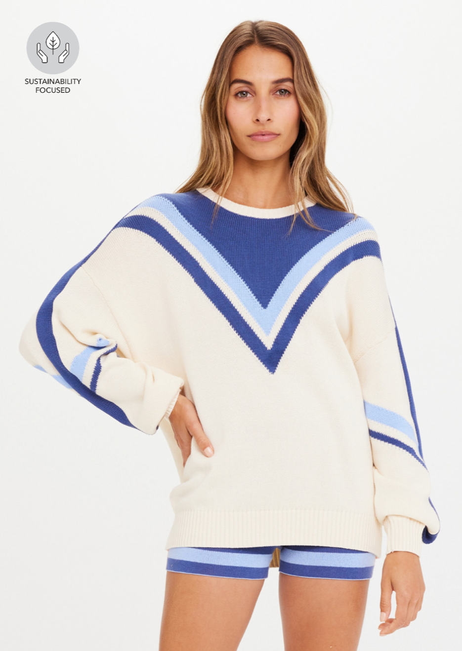 Borderline Boo Knit - Cream, by The Upside Embrace your inner French girl in our Borderline Boo Knit  Combed organic cotton knit in cream with contrast blue stripe design Knitted rib cuff, neck and hem Embroidered arrow logo at back