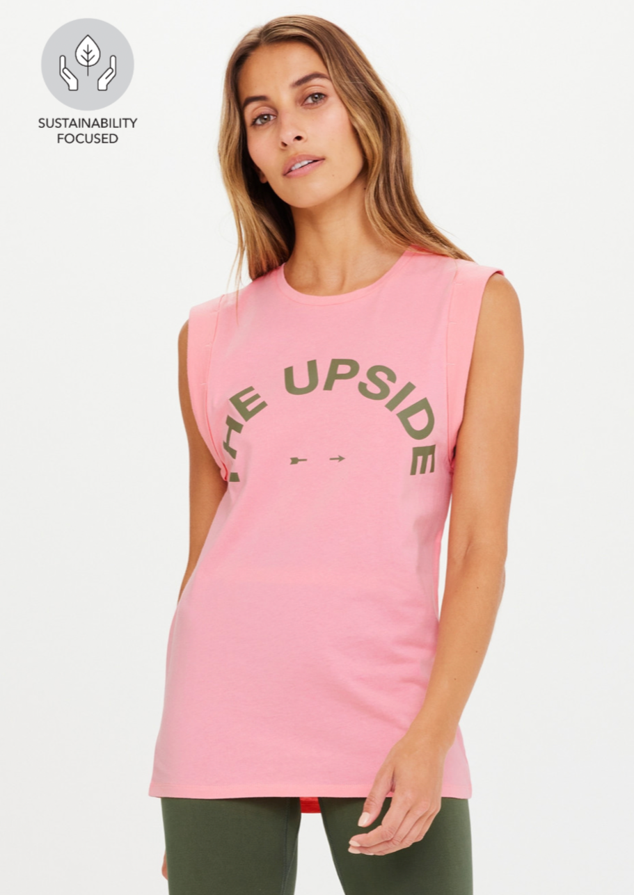 Muscle Tank - Peony, by The Upside Our Muscle Tank is one sweet staple  Relaxed fit, sleeveless muscle tank Contrast printed horseshoe logo at centre front Organic cotton jersey in peony pink