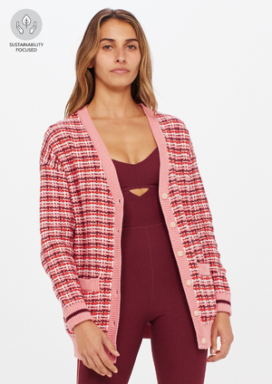 Piper Knit Cardigan - Peony, by The Upside Keep it chic in our Piper Kit Cardigan  Oversized boucle knit cardigan Contrast button front and stripes through cuffs Front welt pockets