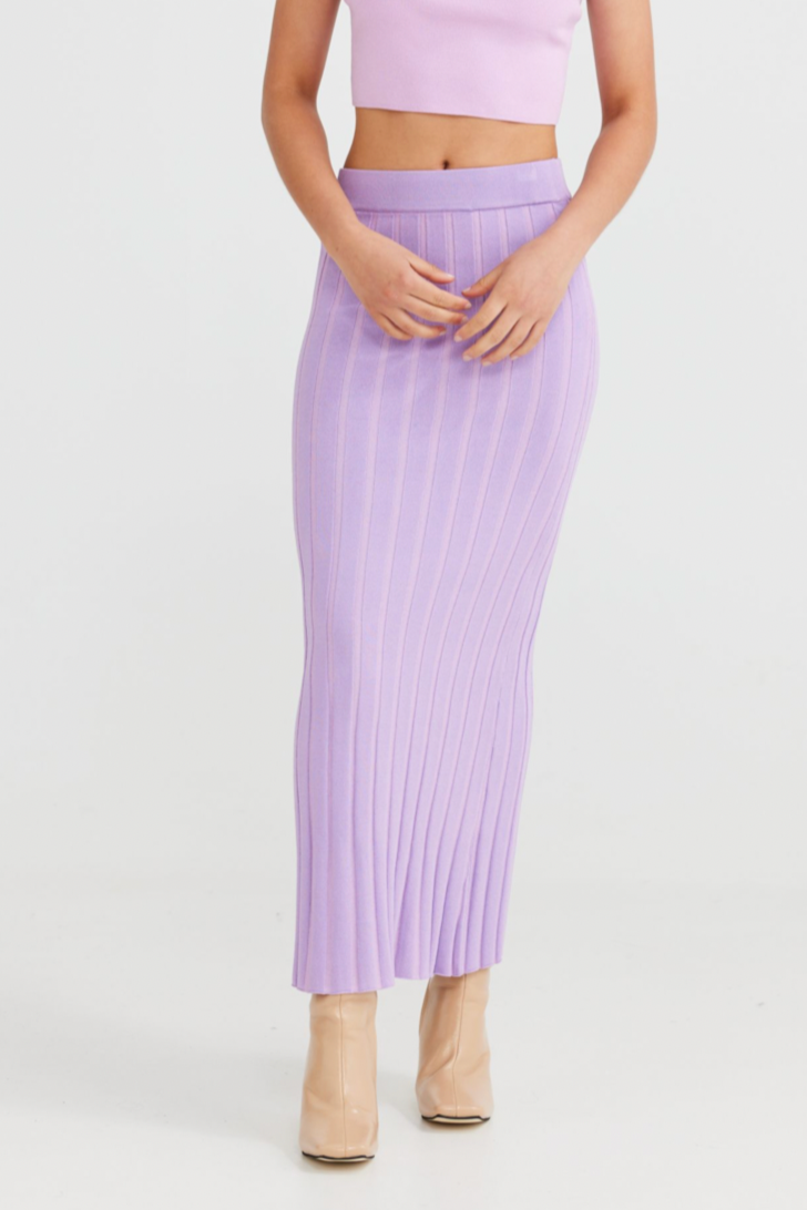 Lola Skirt - Lilac, by Daisy Says  Features:  ELASTIC WAIST TWO-TONE RIBBED KNIT DESIGN FIGURE SKIMMING SILHOUETTE MAXI LENGTH