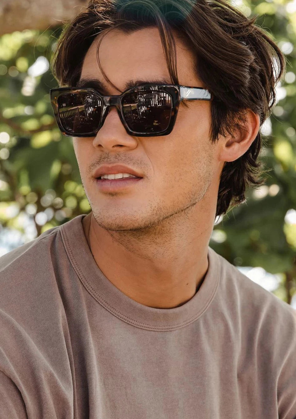 Sol - Toffee Tort/Brown Polarised, by Bask Details:  Featuring wide rectangle lenses, the Sol perfectly blends its sharp angles with a sleek finish. In a crystal grey acetate, the dramatic shape is an everyday accessory with a timeless approach.