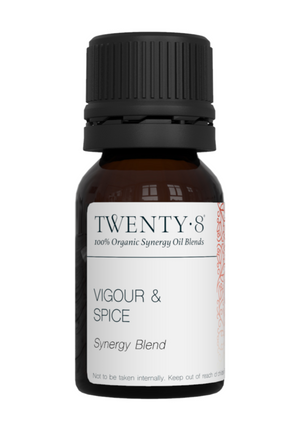 Vigour & Spice synergy blend 10ml This cheeky blend is the one to create a little fun in your life. With essential oils of bergamot, cedarwood atlas, cinnamon bark, sandalwood, mandarin, vetiver, rosemary, patchouli, jasmine absolute and ylang ylang it is the perfect blend to help ignite that inner spark and bring some playfulness and positivity into your life. It is the encouragement oil and definitely for enhancing sensuality and putting that smile on the dial!