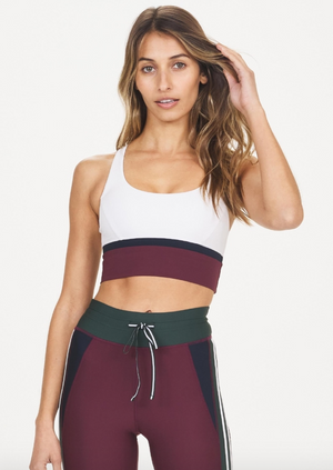 Heritage Sandy Bra - White  Be true to yourself in our Heritage Sandy Bra..  Maximum coverage, maximum support bra crop in white, maroon and navy. Criss-cross strapping at back offers ultimate bust support. Scoop neck. White arrow logo at back.